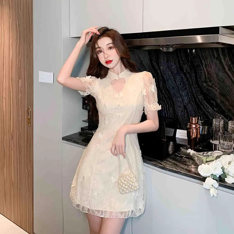 Sommar Elegant Retro Cheongsam Förbättrad version Klänning Mode Lace Kortärmad Slim Mini Party Dresses Vestidos 210518