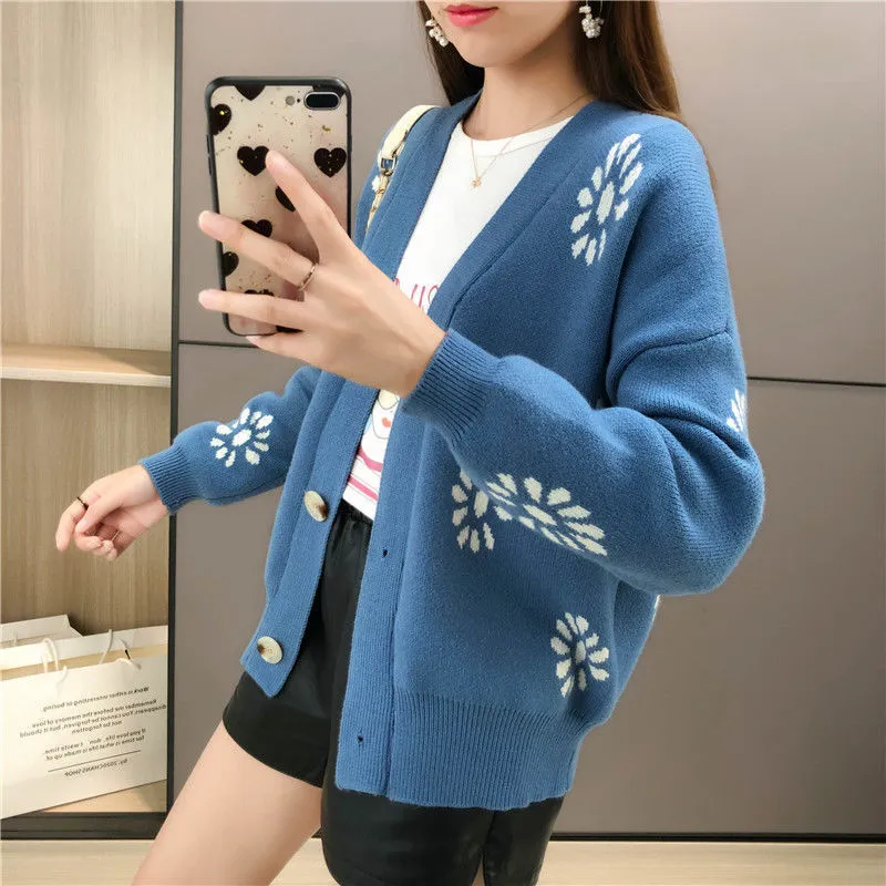 Weiche warme Herbst Winter Sweaterts Drucken Lila V-ausschnitt Koreanische Mode Strickjacken Lose Jacquard Sueter Mujer 18035 210415