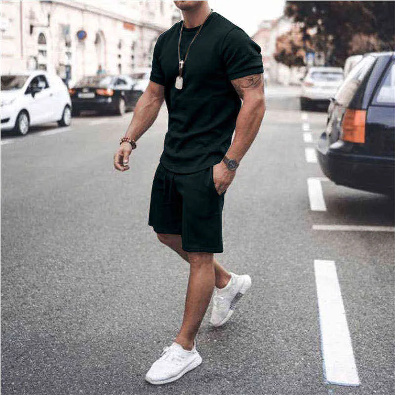 Men's Short Sleeve Tracksuit T Shirts Sets 2022 Summer New Fashion Oversized Solid Color O Collared Tshirts Suit For Men Chandal G220224