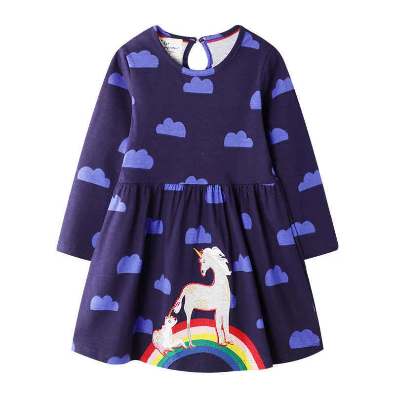Hoppmätare Ankomst Prinsessan Klänningar med Unicorn Applique Långärmade tjejer Rainbow Barnkläder för hösten 210529