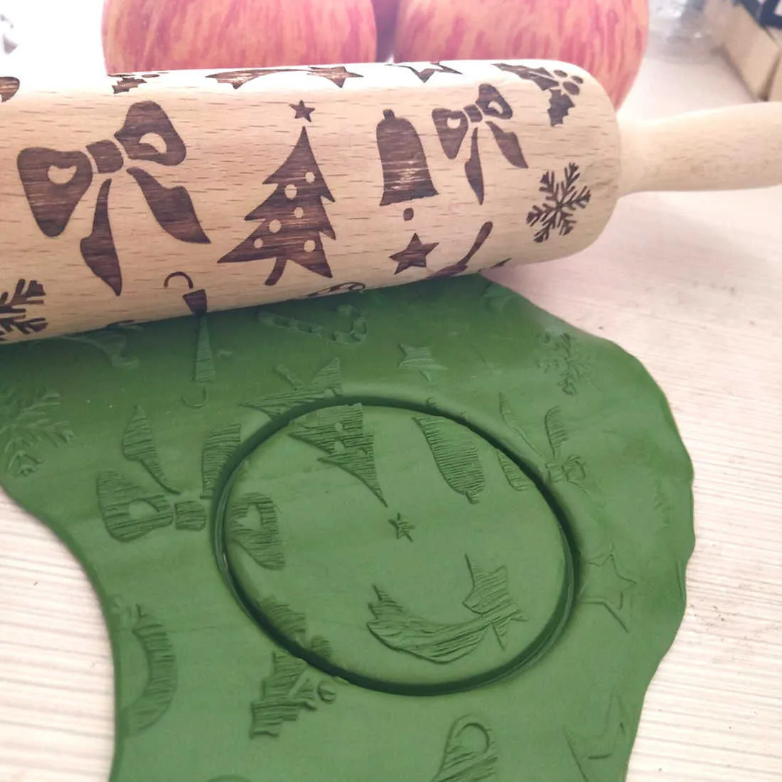 Jul Embossing Rolling Pin Baking Biscuit Cookies Fondant Cake Pasta Nudlar Graverad Roller Reindeer Snowman 211008