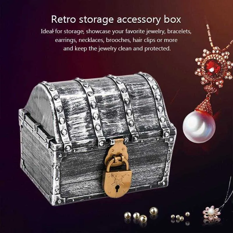 Retro Drewniane Pirate Treasure Chest Box Lubilry Storage Case Home Dekoracyjne Sypialnia Zabawka Party Favors Rekwizyty Prezent 210922