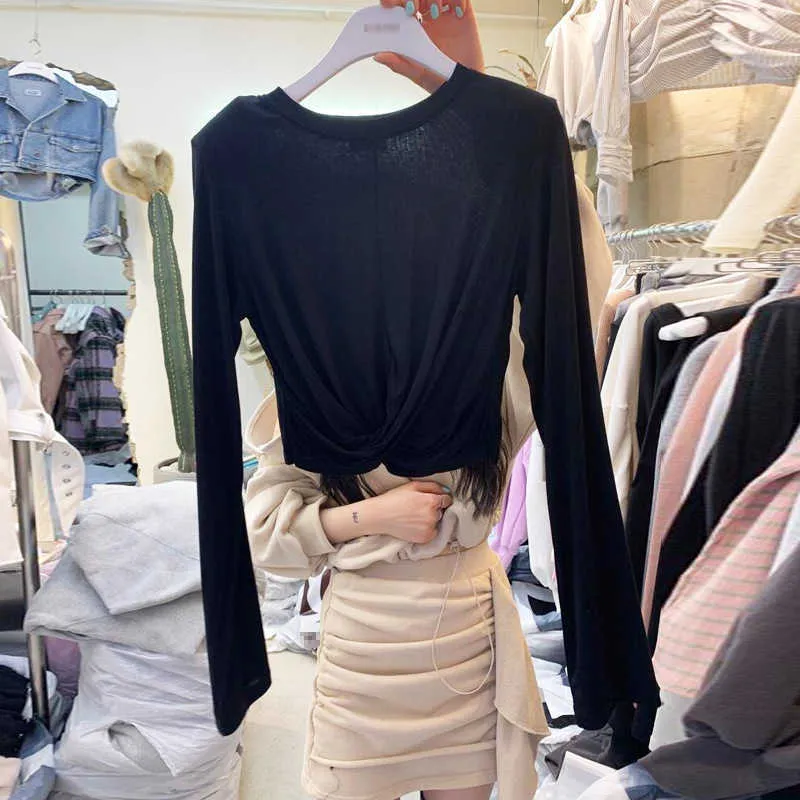 T-shirt a maniche lunghe da donna Primavera Autunno T-shirt a croce dal design alla moda coreano Top Plus Size QS5 210603