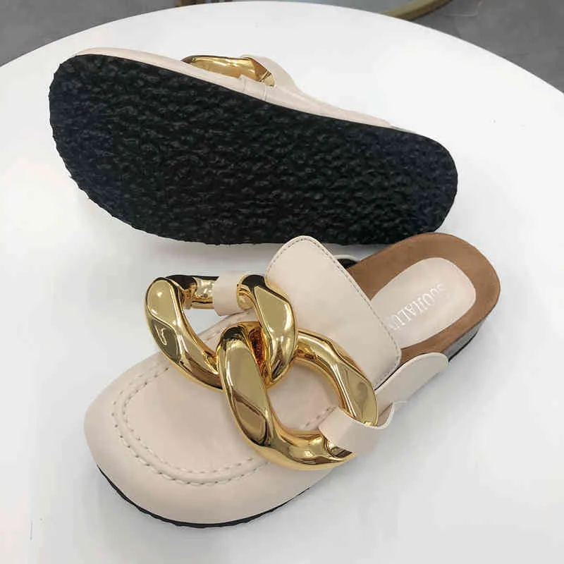 SUOJIALUN New Brand Design Gold Chain Women Slipper Closed Toe Slip On Mules Shoes Round Toe Low Heels Casual Slides Flip Flop