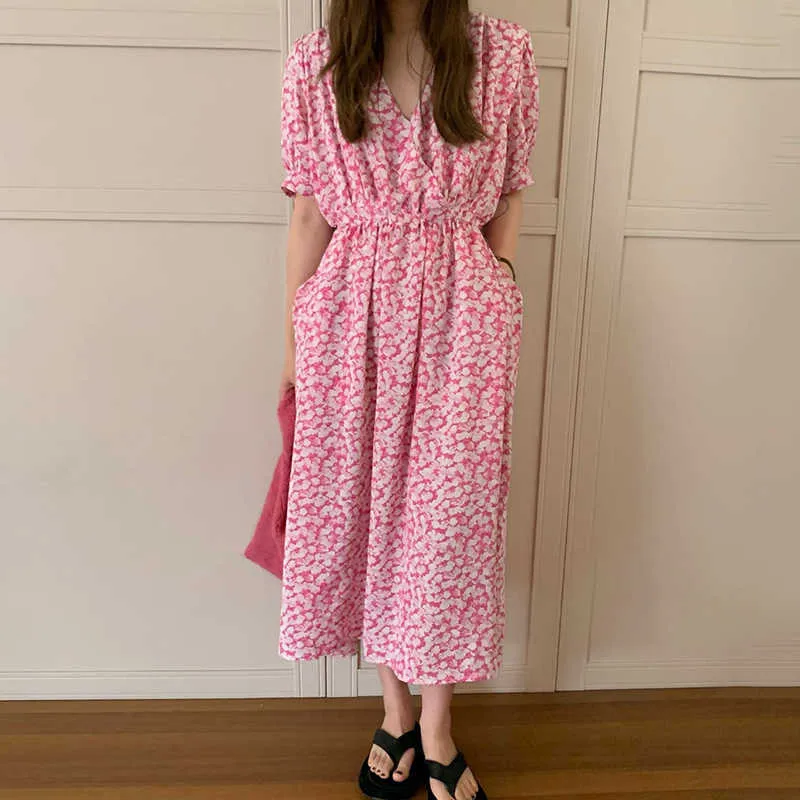 Korejpaa Women Dress Summer Korea Chic Sweet Print Elegant Floral V Neck Pocket Design Tie Waist Bubble Sleeve Long Vestido 210526