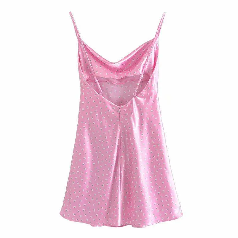 Za robe d'été dos nu femmes imprimé floral rose mini robes bretelles sans manches robe de plage dos zip sexy robes féminines 210602