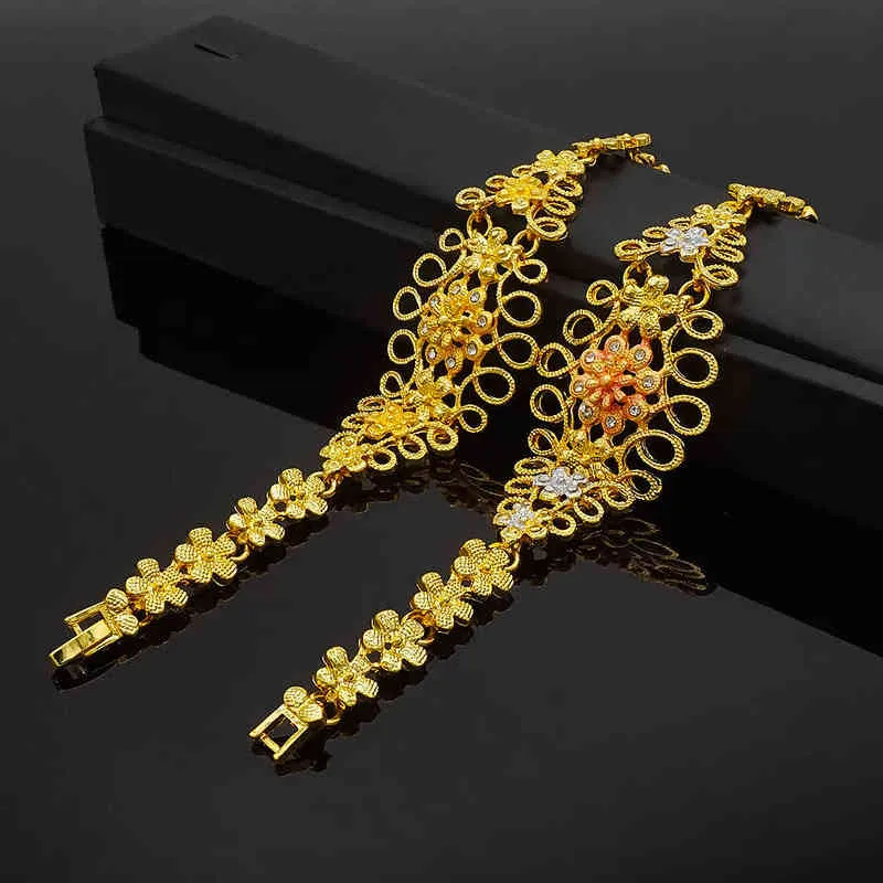 Nigeria Dubai 24K Gold Fine Flowers Jewelry Sets African Bridal Wedding Gifts Party For Women Bracelet Necklace Earrings Ring Se 2232h