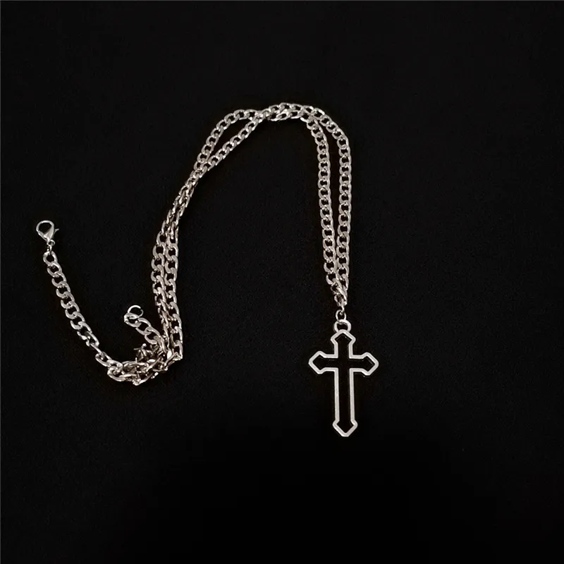 Vintage Gothic Hollow Cross Pendant Necklaces Silver Color Cool Street Style Necklace For Men Women Gift Wholesale Neck Jewelry