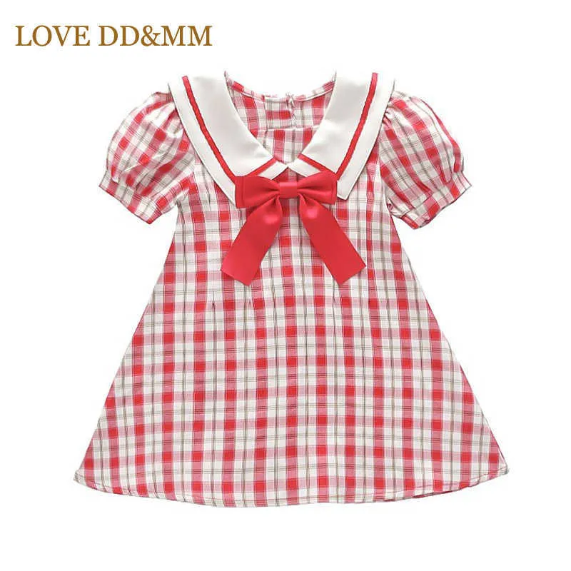 Miłość DDMM Dziewczyny Drukuj Sukienki Letnie Dzieci Moda Plaid Bow Turn-Down Collar Sukienka Dla Odzież Dla Dzieci Słodki Kostium 210715