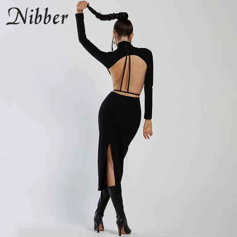 Nibber Fall Moda Długie Solidne Suknie Kolor Open Back Sexy Half High Collar do Eleganckich Women Party Wakacje Nosić 2021 Hot Y1204