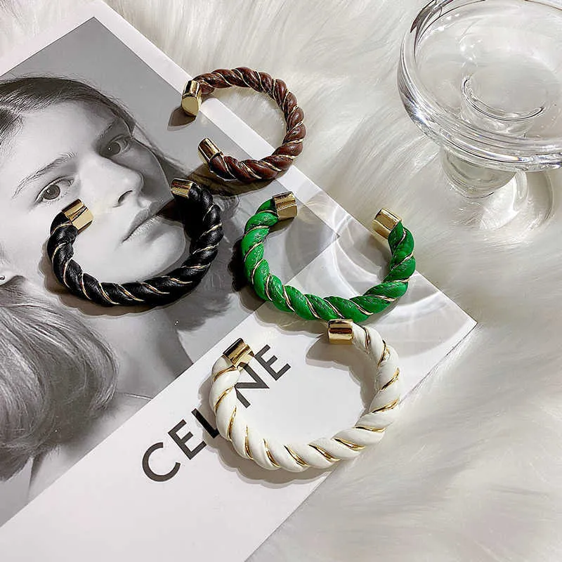 Bracciale rigido in pelle intrecciata in metallo con polsino aperto donna, gioielli invernali, verde bianco nero marrone Q0717