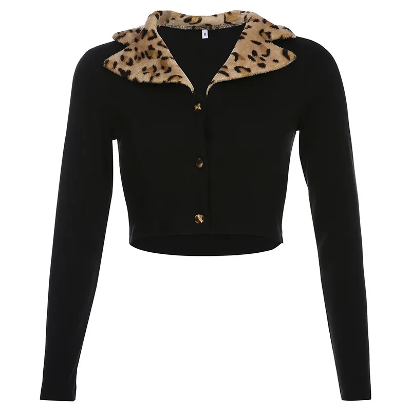 Ezgaga kvinna jacka Sexig leopard nedbrytning krage långärmad tunn smal singel-breasted damer toppar streetwear mode 210430