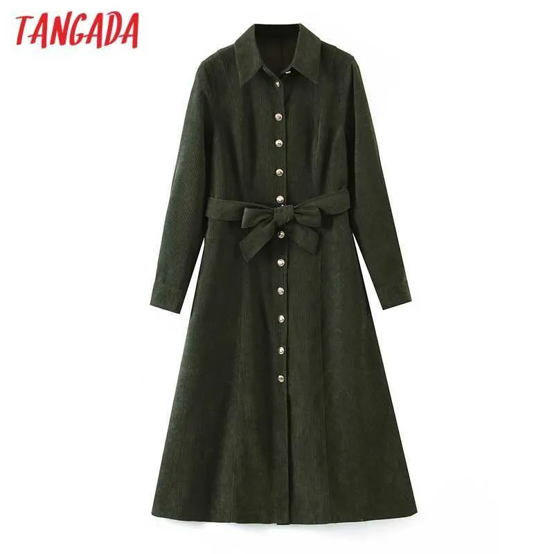 Tangada Femmes Élégantes Amy Vert Corduroy Robe À Manches Longues Mode Bureau Dame Robes Midi Robe SL138 210609