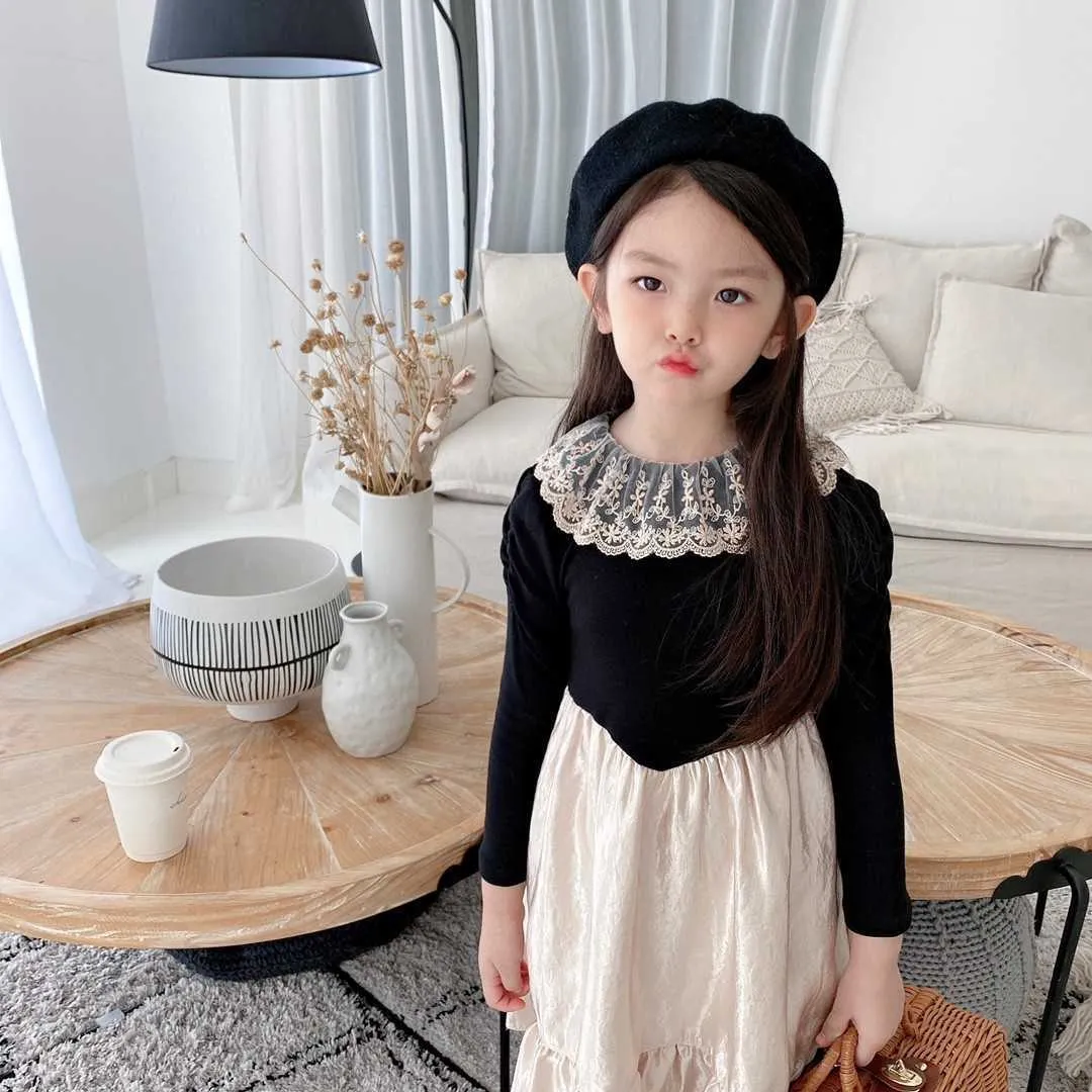 Moda Crianças Preto Lolita Dress Designer Girls Lace Collar Vintage Velvet Spring Roupas 210529