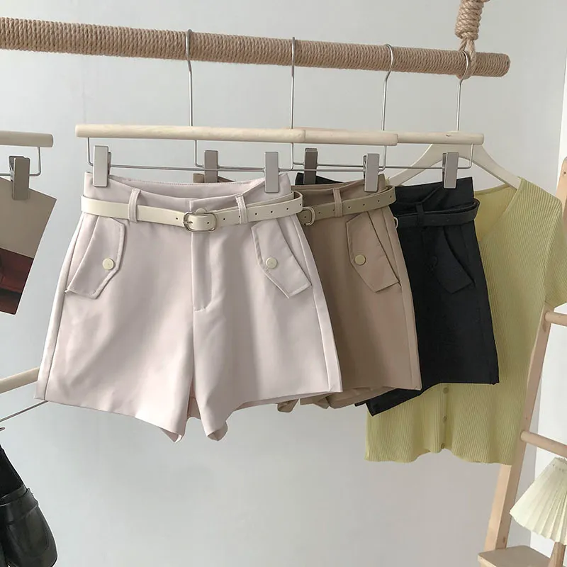 Kimutomo Fake Pocket Casual Shorts Kvinnor Vår Sommar Koreansk Retro Hög Midja Slim Solid Brett Ben Shorts Med Bälte Elegant 210521