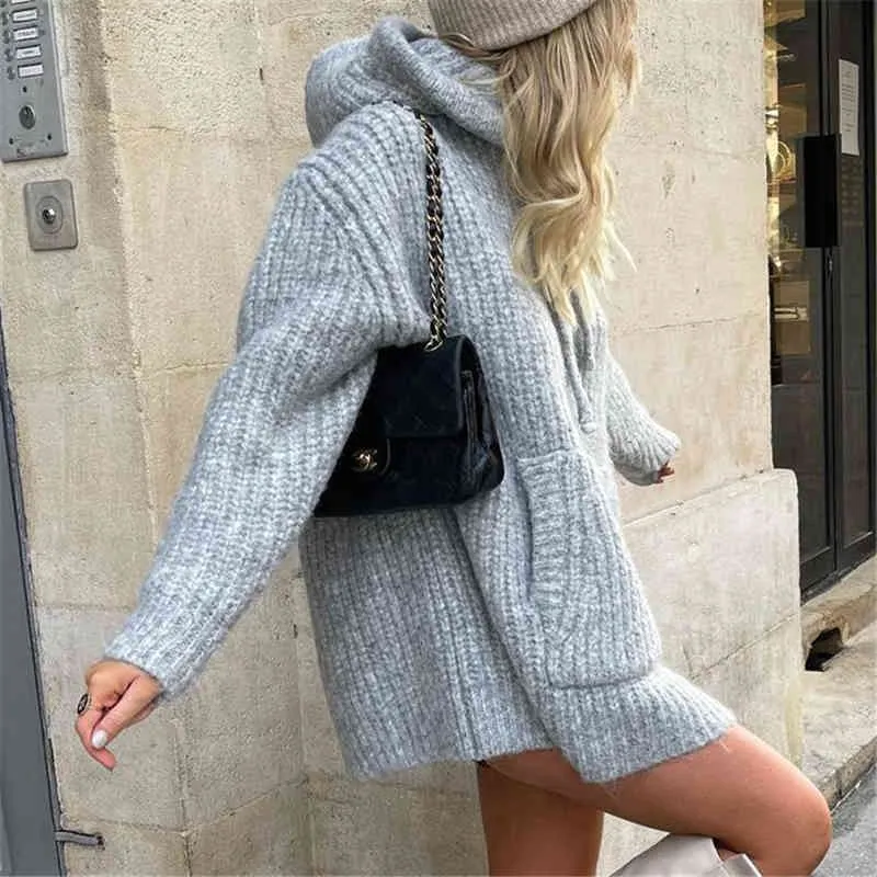 Casual Femmes Solid Gris Sweat à capuche Mode Dames Lâche Sweats à capuche tricotés Streetwear Femme Chic Poche Pulls à capuche 210427