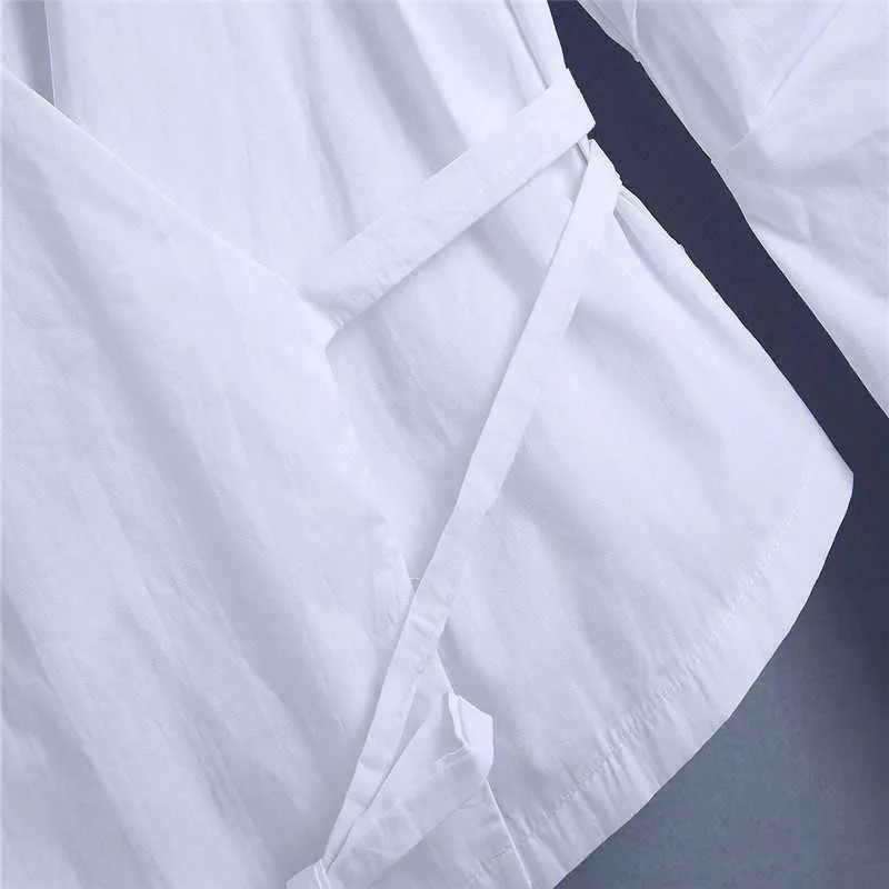 Za blanc popeline Vintage chemise femmes à manches longues plissé printemps attaché chemises femme mode avant Wrap haut décontracté 210602