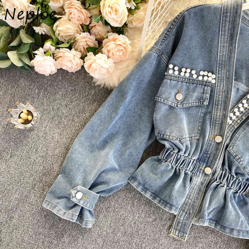 Neploe Elegant Beading Design Slim Fit Denim Jacket Women V Neck Pullover Puff Long Sleeve Coat Femme Spring Elegant 210510