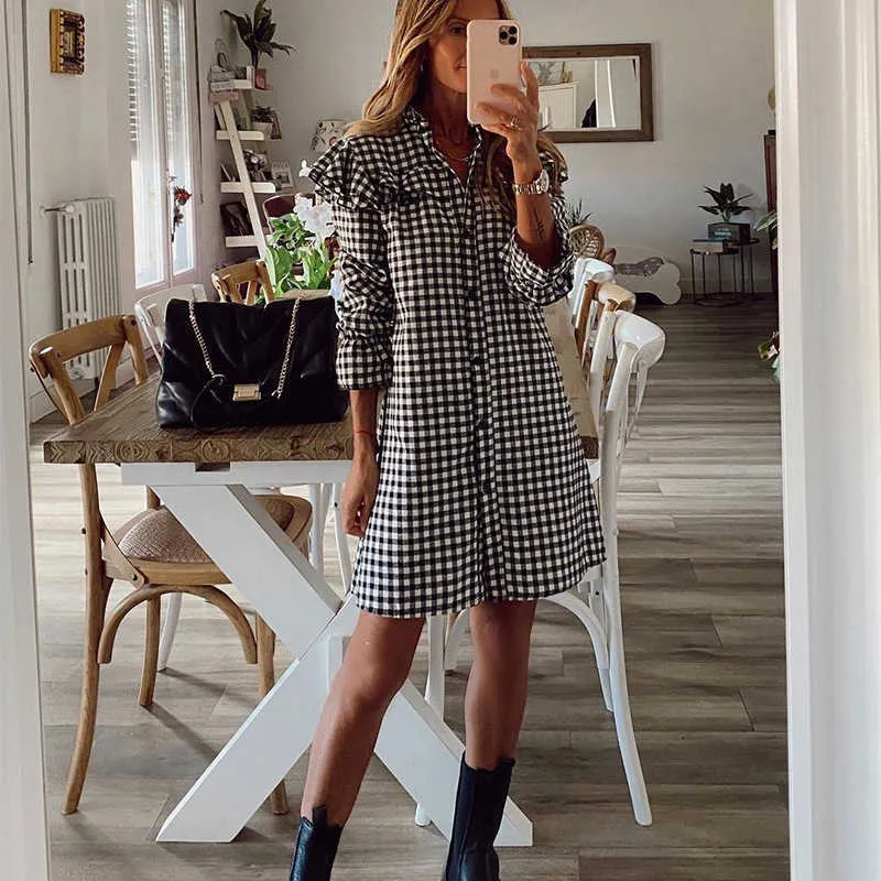 Women Spring Ruffle Houndstooth Office Dress Vintage Casual Plaid Midi Shirt Dress Ladies Autumn Long Sleeve Chic Work Vestidos X0521