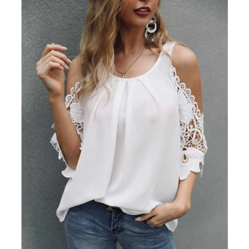 Frauen Sexy Spitze Off Schulter Chiffon Sommer Mode Casaul Kleidung Tops Oansatz Kurzarm Solide Hemd Femme Rüschen Blusa Mujer x0628