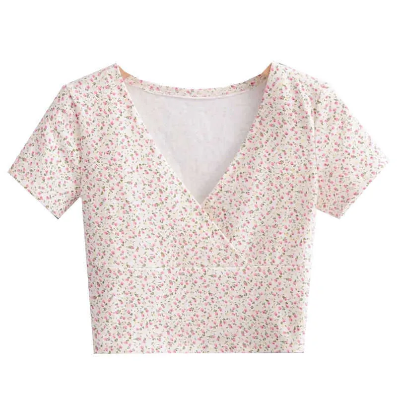 2021 старинные цветочные вершины для женщин Deep-V футболки короткий дизайн над животом тонкие топы тройники женские летняя одежда X0628