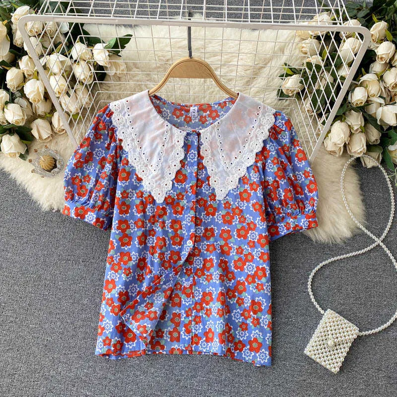 Koreanische Frauen Mode Stickerei Aushöhlen Baby Kragen Kontrast Nähte Süße Blumen Druck Tops Camisas Mujer Bluse S157 210527