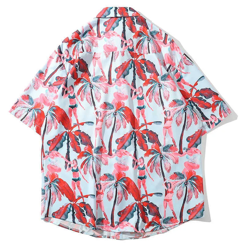 망 하와이 셔츠 핑크 비키니 소녀 코코넛 인쇄 브랜드 남성을위한 느슨한 빛 반팔 비치 셔츠 210527