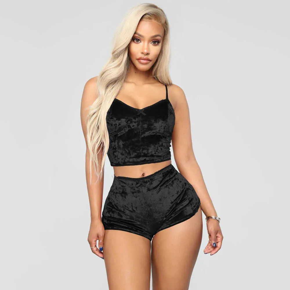 Ensemble sexy mode féminine couleur unie deux pièces lingerie sexy tenue sangle haut court avec short ensemble de vêtements de nuit grande taille Q0706