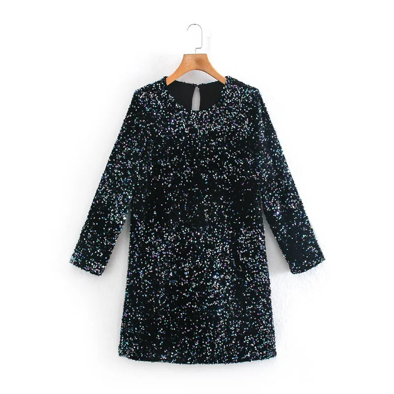 Black Mini Sequin Party Dress Women Colorful Glitter Long Sleeve Woman Sparkly Vintage Elegant es 210519