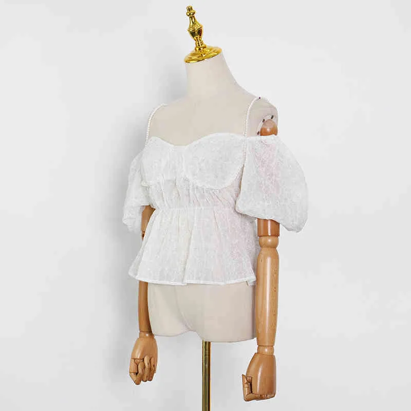 Chemise Patchwork blanche pour femmes col carré bouffée à manches courtes Blouses solides femme été vêtements Style 210524
