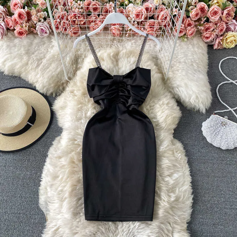 Mini vestido Sexy ajustado con tirantes finos para mujer, Vestidos drapeados de cintura alta con lazo blanco/negro, moda de verano para mujer 2021 Y0603
