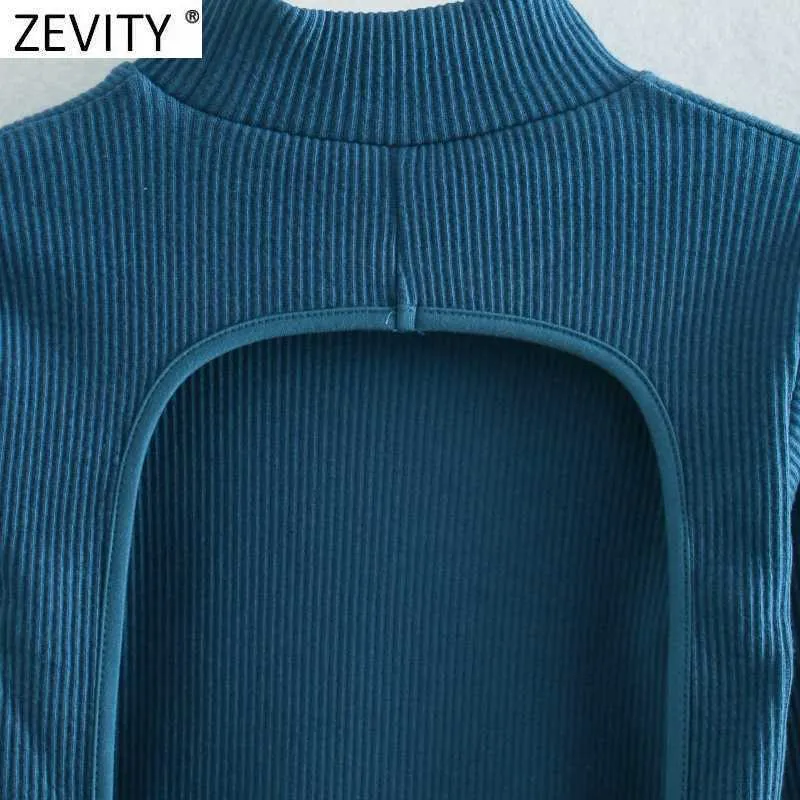 Zevity Frühling Frauen Sexy Backless Stricken Bluse High Street Weibliche Lange Hülse Aushöhlen Design Hemd Chic Blusas Tops LS7458 210603