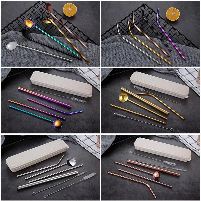 Stainless Steel Drink Pearl Milkshake Bubble Tea Straw Spoon Bar Accessories Colorful Reusable Metal Drinking Sets Straws208z