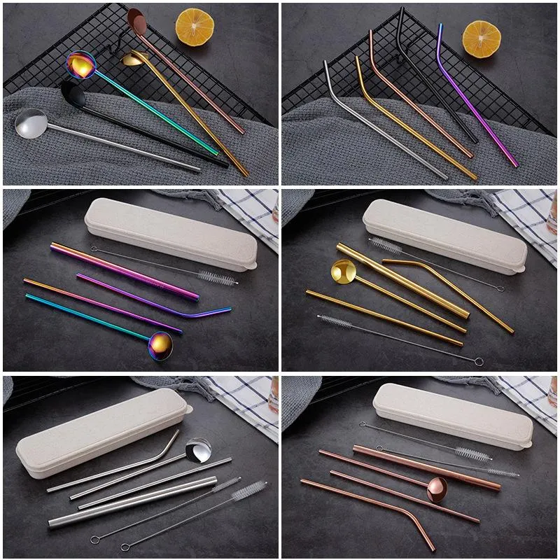 Stainless Steel Drink Pearl Milkshake Bubble Tea Straw Spoon Bar Accessories Colorful Reusable Metal Drinking Sets Straws255u