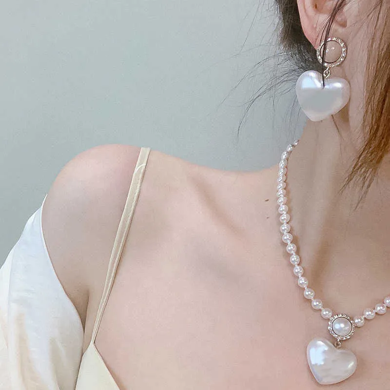 2022 Hot Brand Fashion Jewelry Women Pearls Chain Party Light Gold Color Heart Choker White Pink Beads Luxury Brand Pendant Hot