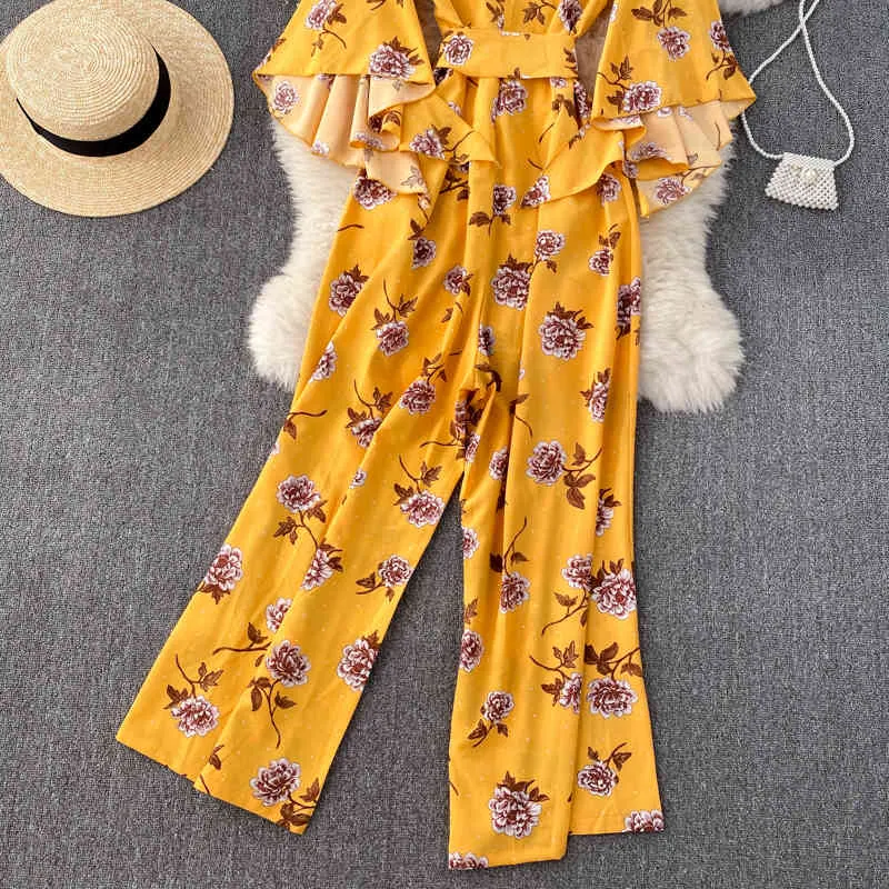 Kvinnor Boho Floral Jumpsuits Koreanska Slim V Neck Flare Ärm Bow Sashes Rompers Spring Print Wide Leg Long Rompers 210419