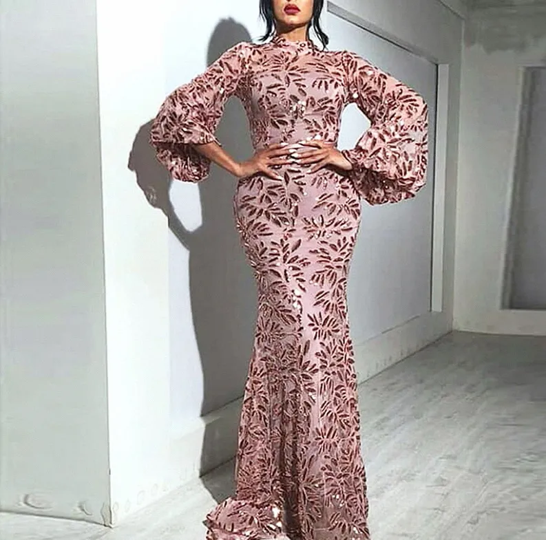 스팽글 섹시한 인어 댄스 파티 드레스 2021 반짝이는 수정 구슬로 된 높은 목이 긴 소매 이브닝 가운 여성 아랍어 특별 행사 d8079675