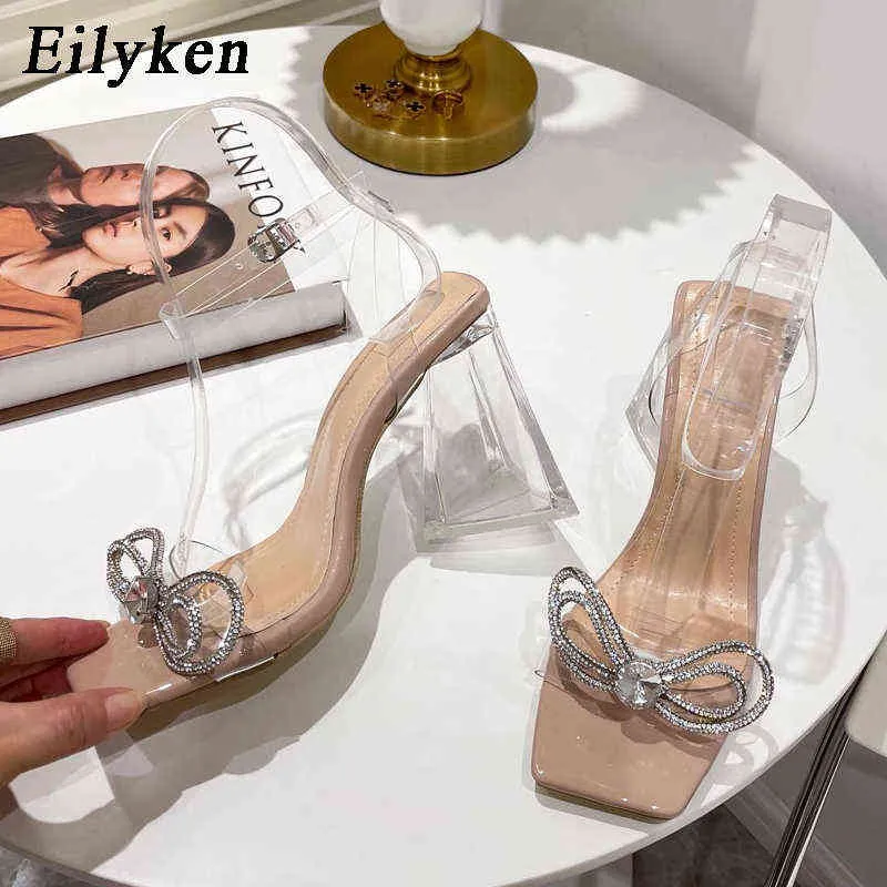 Sandaler EilyKen Elegant Rhinestone Bowknot Kvinnor Sandaler PVC Jelly Transparent Perspa High Heels Sommar Sexig Square Toe Rensa skor 220310