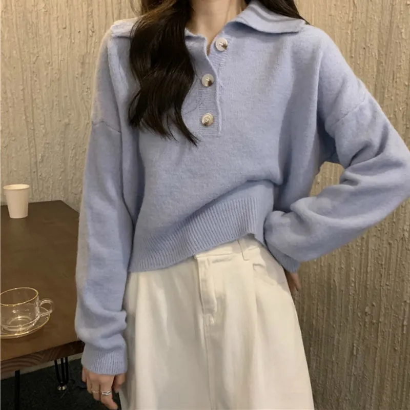 Ezgaga Sweet Fashion Dzianiny sweter Jumper Kobiety Koreański Turn-Down Collar Solidny przycisk Proste Luźne Pulower Panie Topy Dorywczo 210430