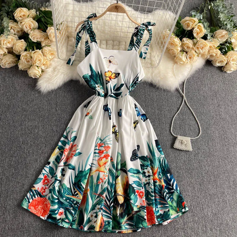 Стиль Европы летнее платье для женщин цветочные бабочки принт Элегантные моды без рукавов тонкие а-линии платья 210428
