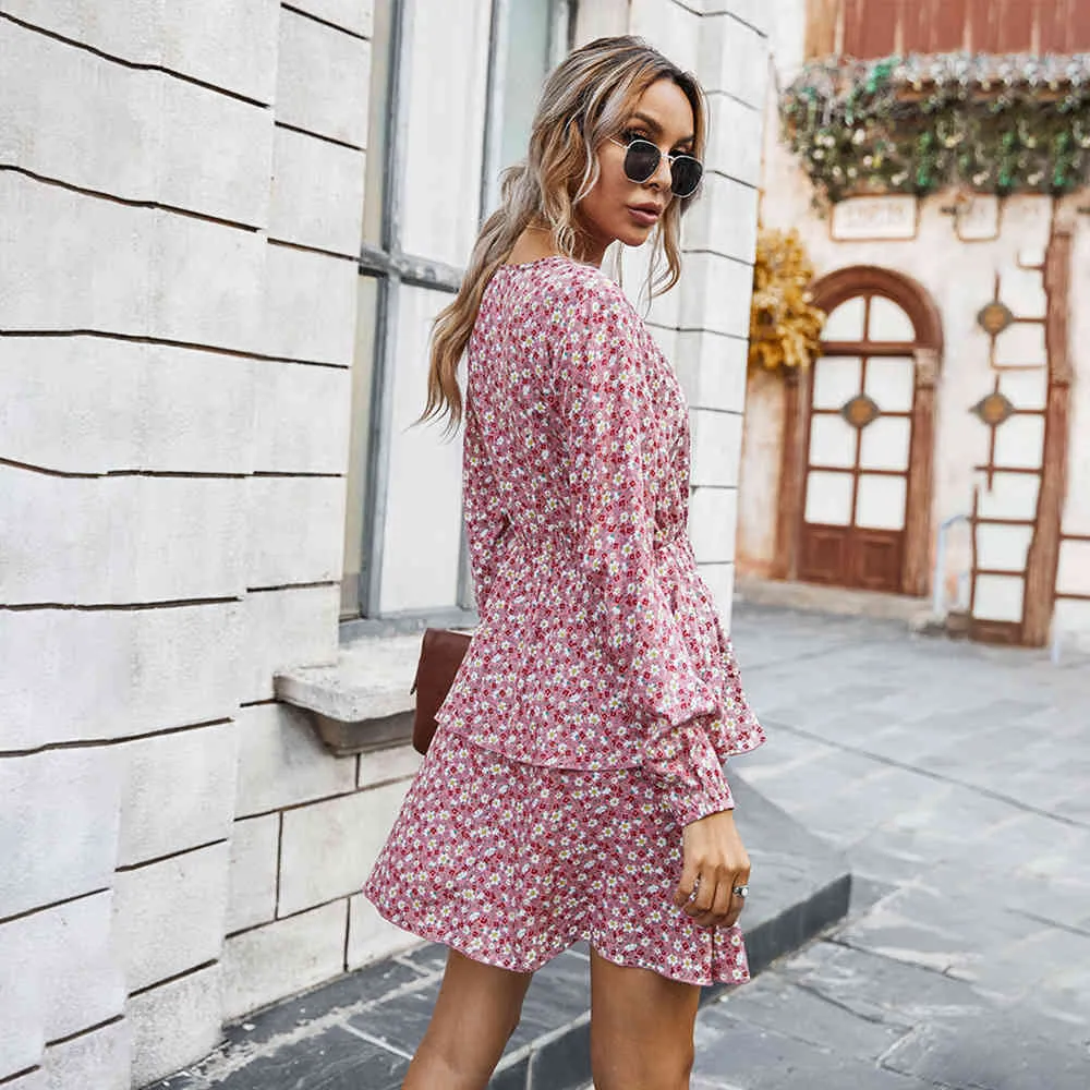 Klänning Autumn Spring Elegant Floral Layed Ruffle Dresses for Women Party Pink Long Sleeve Women Fall Clothing Fashion 210415