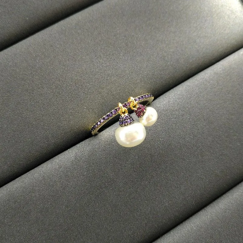 Pérola de prata esterlina anel roxo fêmea amarela dourada de temperamento retro índice de dedo rings de cluster de dedo 210f
