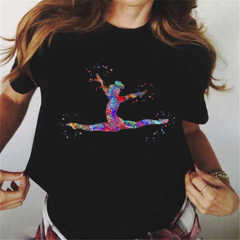 Lato 2021 akwarela balet nadrukowana dziewczyna czarny t shirt kawaii gimnastyka kochanek prezent koszulka femme koszulka na zamówienie X0527