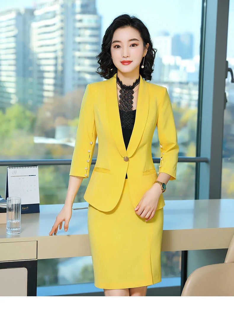 Señoras falda traje moda oficina entrevista ropa el monos verano amarillo delgado chaqueta de mujer elegante 210527