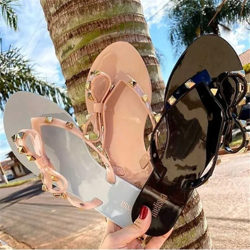 サンダルメ​​リッサ女性フリップフロップ夏の靴クールなビーチリベット大きな弓フラットブランドゼリーガールズサイズ35-40 A0602
