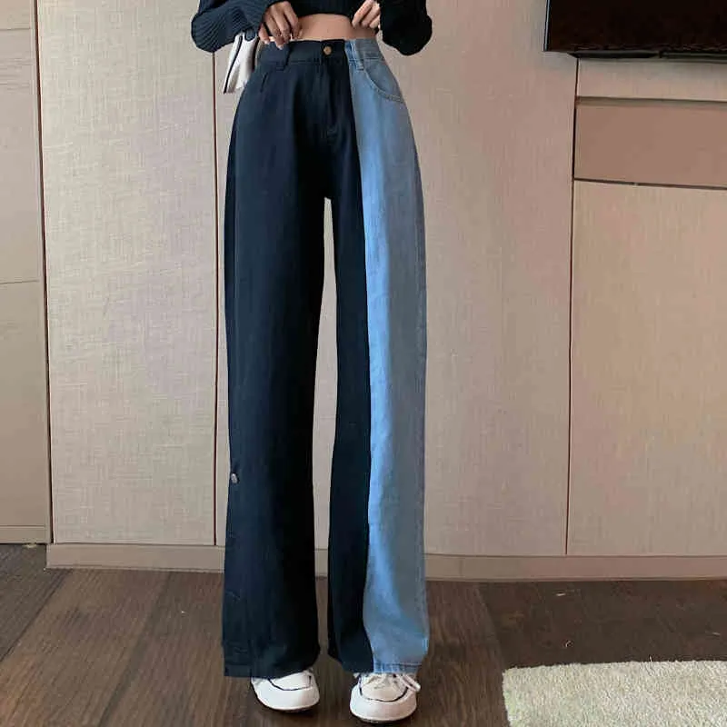 Printemps Casual Corée Chic Femmes Polyvalent Lâche Panneau Split Simple Boutonnage Denim Jeans Pantalon Large 8Y882 210510