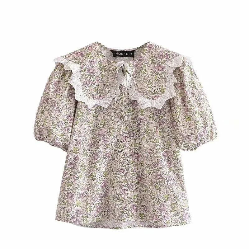 Élégant Floral imprimé rétro été femmes chemise décontracté dentelle bouffée mince femme Blouse col claudine doux hauts 210521