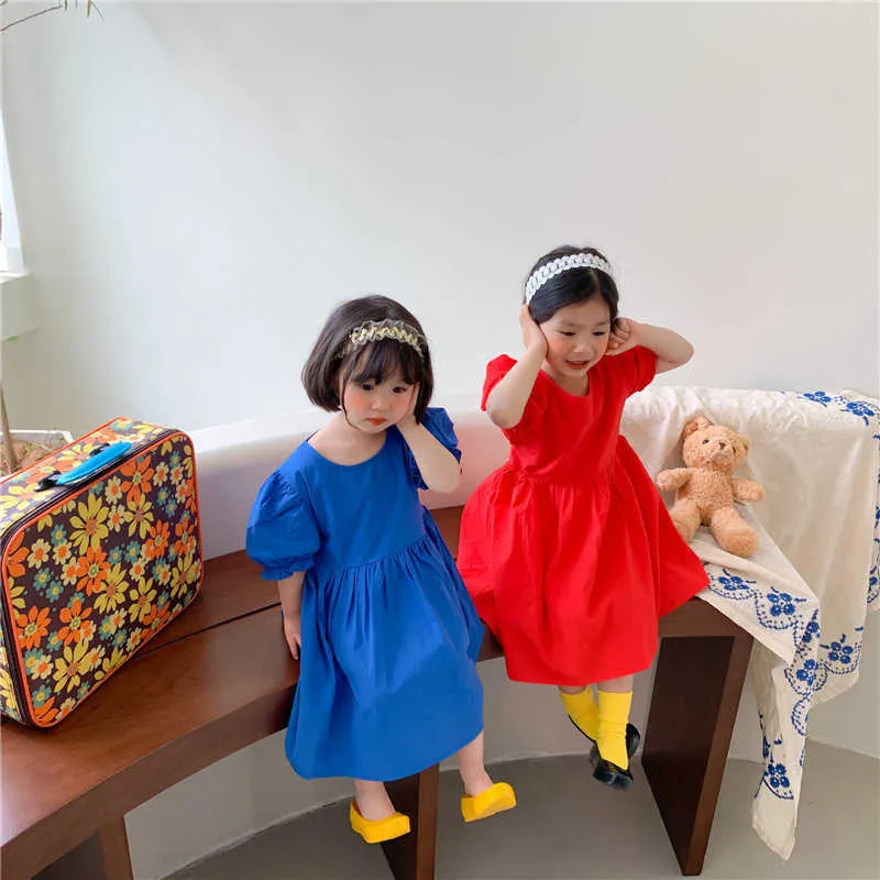 Koreaanse stijl schattige meisjes zomer losse korte mouw jurken holle rug hart-vormige kinderen prinses jurk 210615