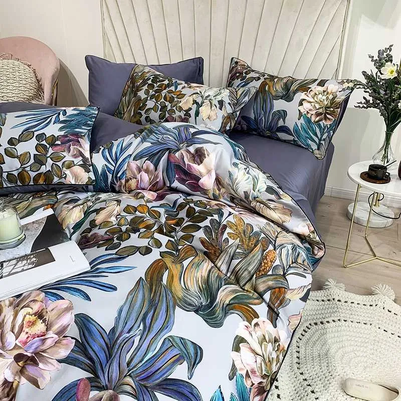 Ensemble de literie en coton égyptien pur, feuilles tropicales, fleurs, housse de couette, soyeuse, douce, Queen, King, drap de lit, taies d'oreiller, 210721