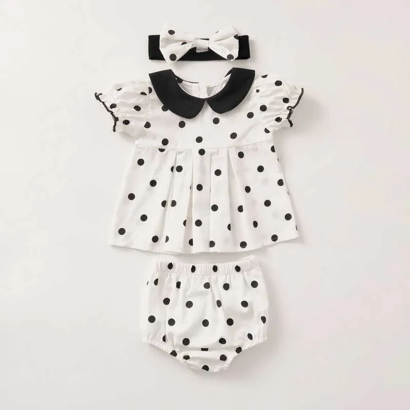 Summer Kids Girls 3-pcs Sets Polka Dot Dress + Shorts Headwear Casual Style Children Clothes E6024 210610